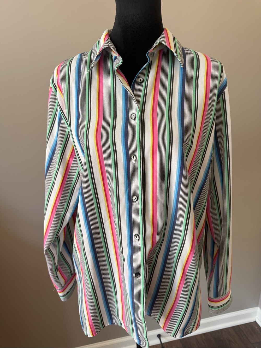 Foxcroft Classic Striped Multi-Color Button Shirt Long Sleeve Size 14
